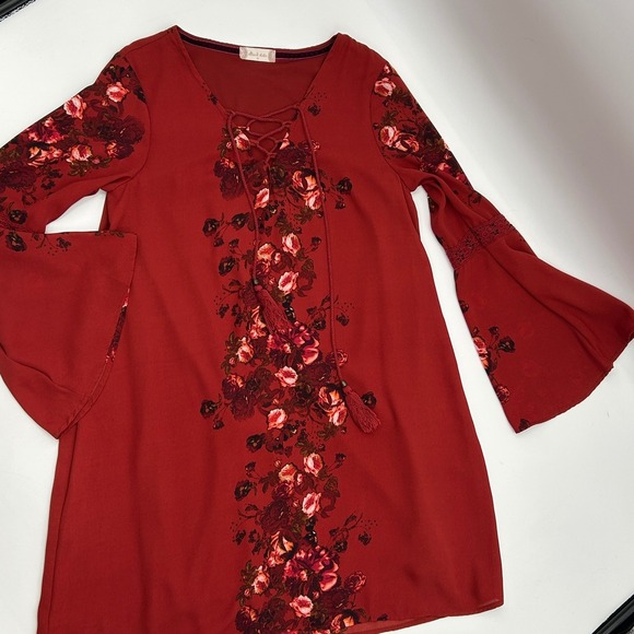 Altar'd State Floral Boho Mini Dress Lace Up Bell Sleeve Romantic M - Picture 4 of 6